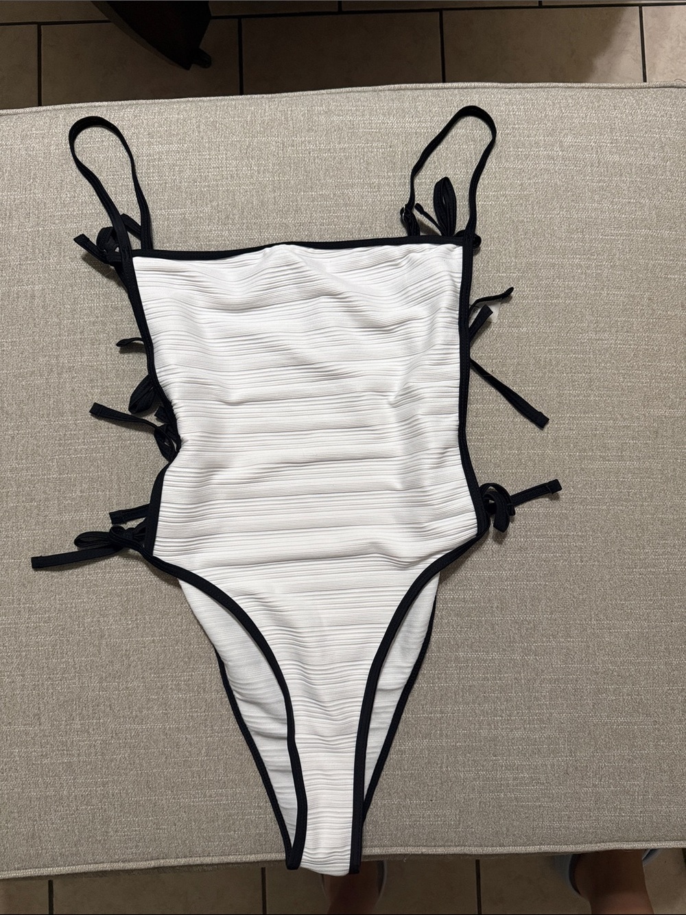 White Ribbed One-Piece with Black Tie Trim